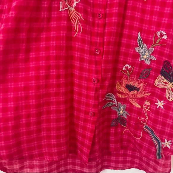 Johnny Was Pink Embroidered Gingham Button Down Blouse - Picture 7 of 11
